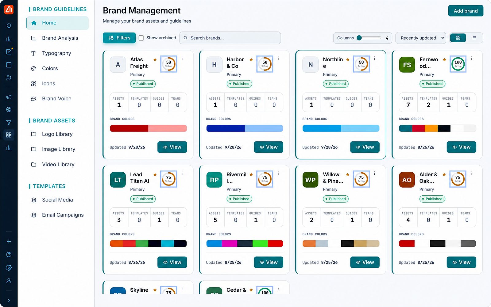 Brand Management in Marketing Titan: a grid of brand cards, each with its setup score, published status, counts of assets, templates, guides and teams, and its brand colours. Demo data.