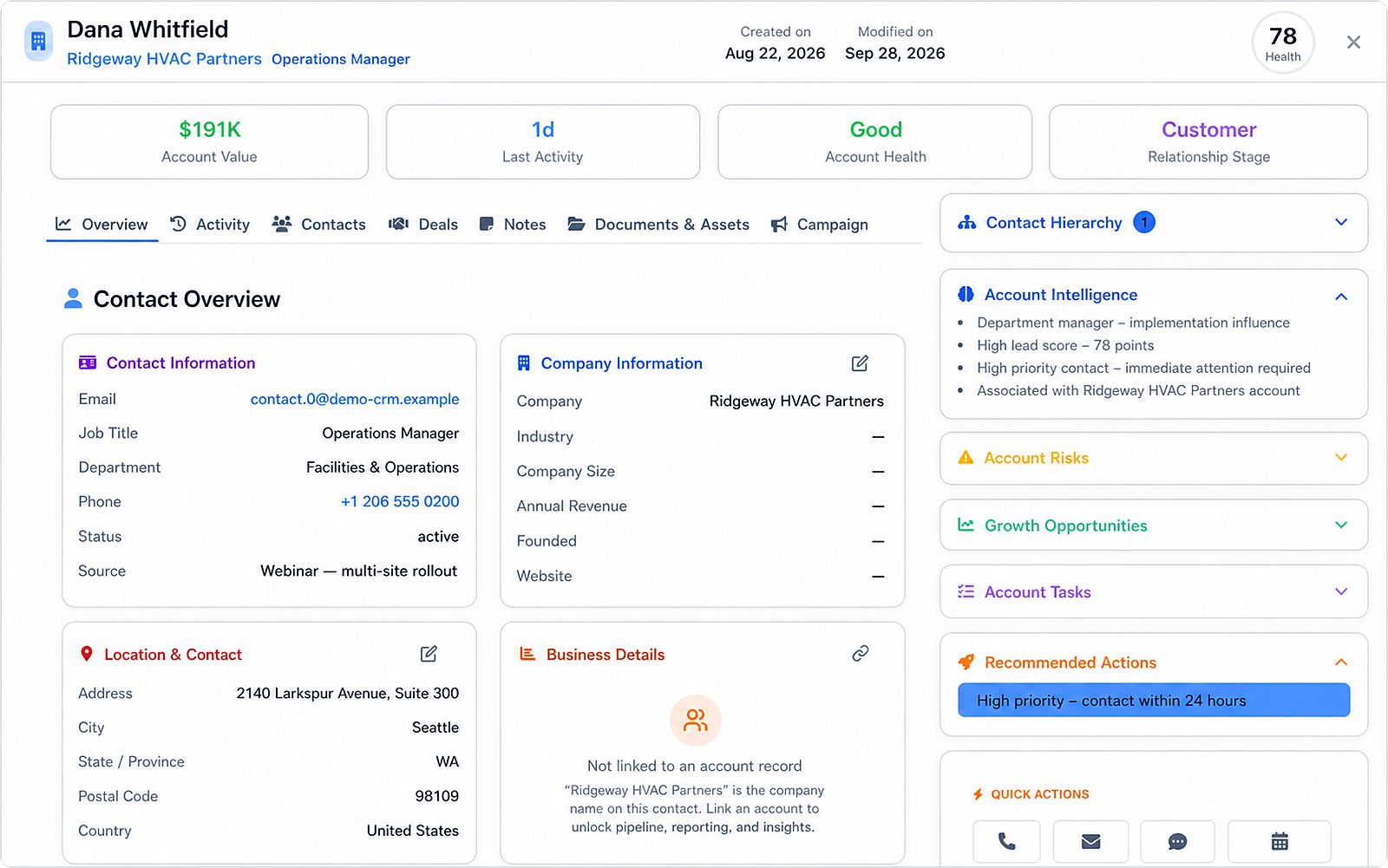 A contact record in Marketing Titan: account value, last activity, health and relationship stage, contact and company details, and a side panel of account intelligence, risks, opportunities, tasks and recommended actions. Demo data.