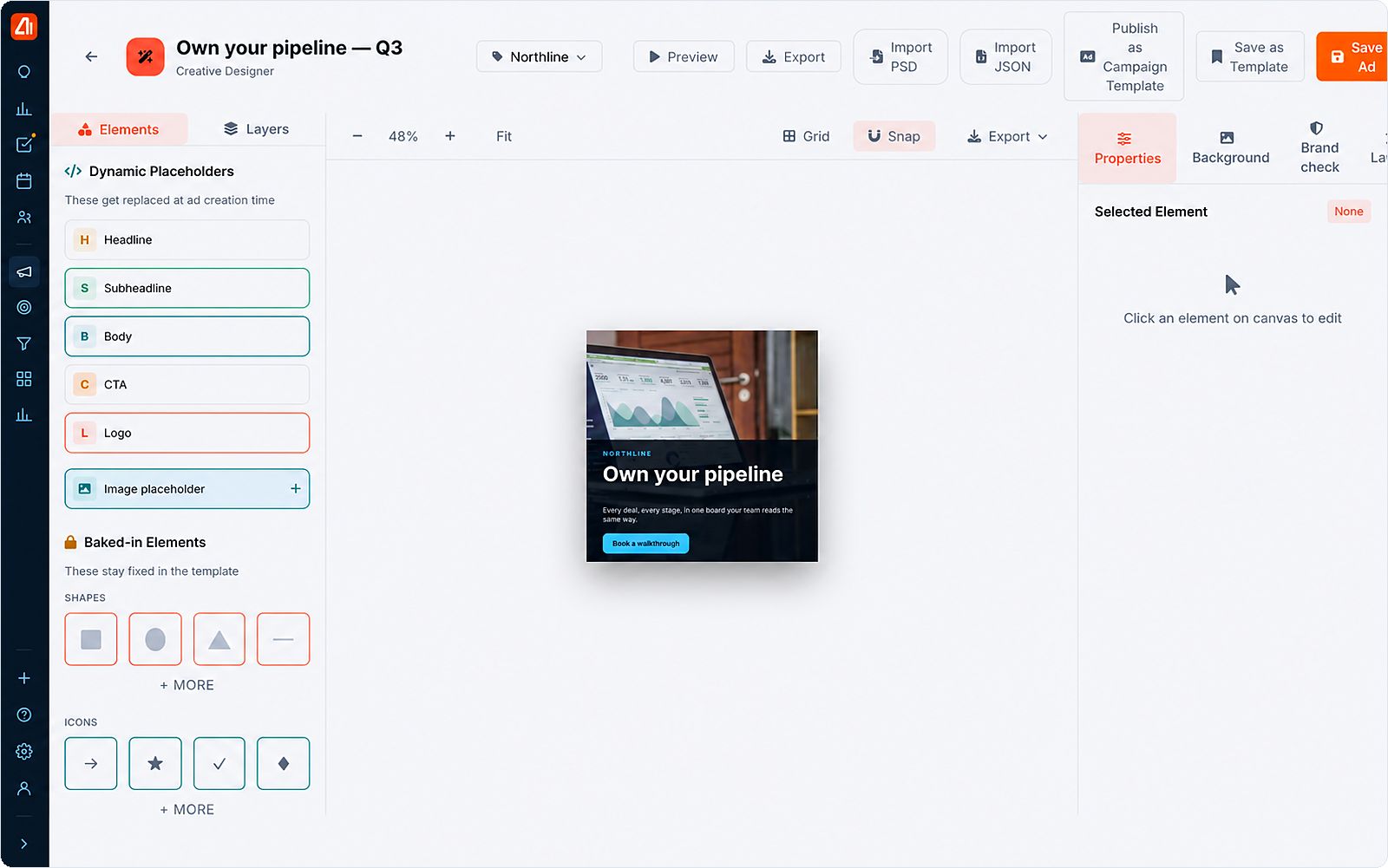 Creative Studio in Marketing Titan: an ad on the canvas with dynamic placeholders for headline, subheadline, body, CTA and logo, baked-in shapes and icons, and Preview, Export, Brand check and Publish as Campaign Template controls. Demo data.