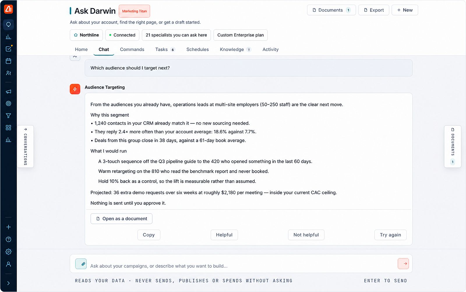 Ask Darwin in Marketing Titan: asked which audience to target next, Darwin answers from the account’s own CRM data, explains why the segment was chosen, proposes a campaign with a holdout control, and notes that nothing is sent until it is approved. Demo data.