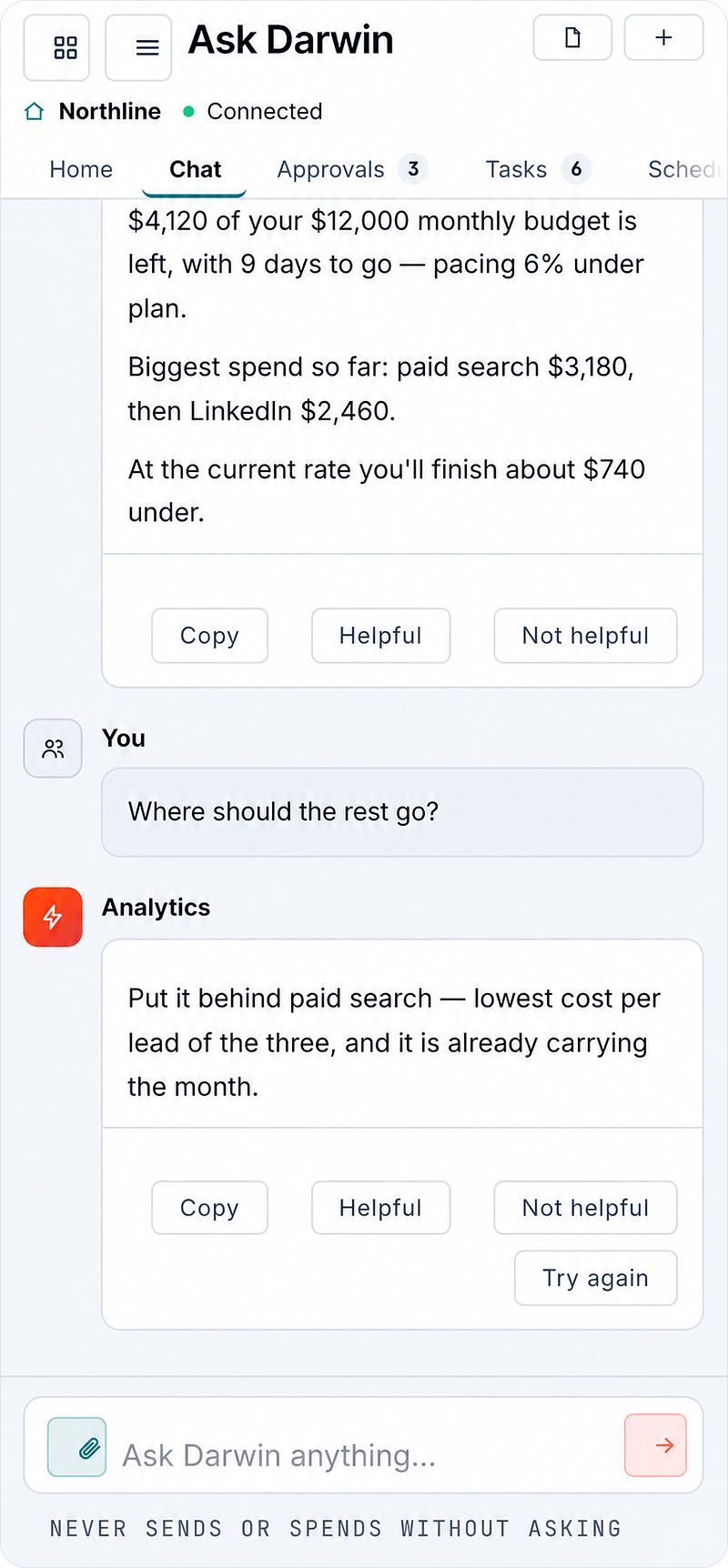 Ask Darwin on a phone: Darwin reports how much of the monthly budget is left and how it is pacing, then, asked where the rest should go, recommends the channel with the lowest cost per lead. Demo data.