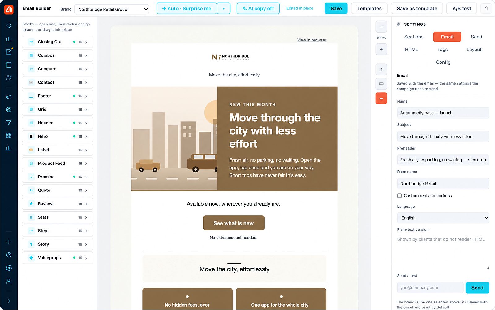 The Email Builder in Marketing Titan: a library of content blocks on the left, a branded email on the canvas, and the email&rsquo;s name, subject, preheader, sender and test send on the right. Demo data.