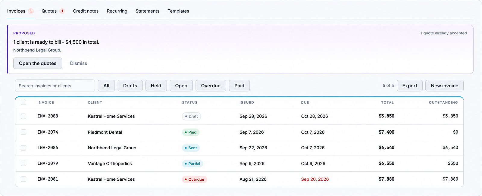 Invoicing in Marketing Titan: a proposal that one client with an accepted quote is ready to bill, and a list of invoices with client, status, issue and due dates, total and amount outstanding. Demo data.