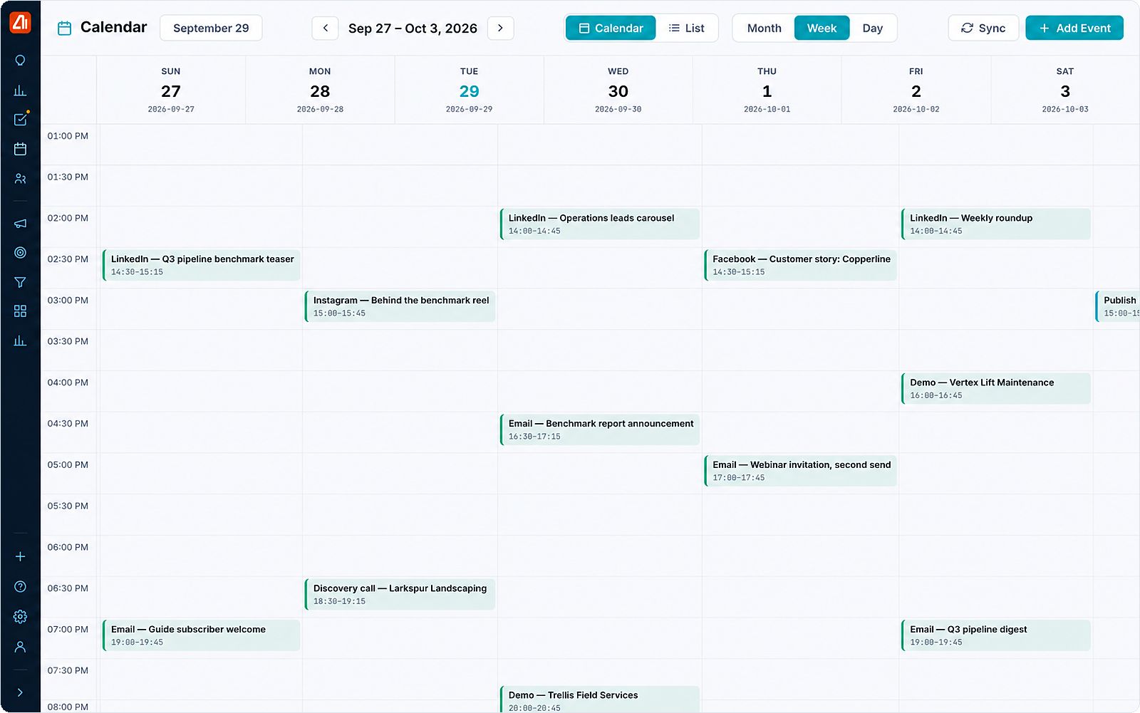 The calendar in Marketing Titan, week view: scheduled LinkedIn, Instagram and Facebook posts, email sends, demos and discovery calls across the week. Demo data.