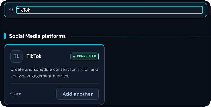 Settings, Communication and CRM, Social Media tab in Marketing Titan, searched for TikTok: the TikTok card with its description and the Add another button.