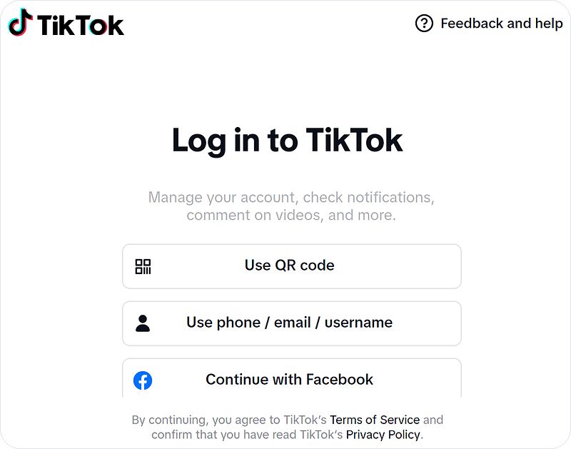 TikTok's own Log in to TikTok screen, opened from Marketing Titan, with QR code, phone, email or username and Facebook sign-in options.