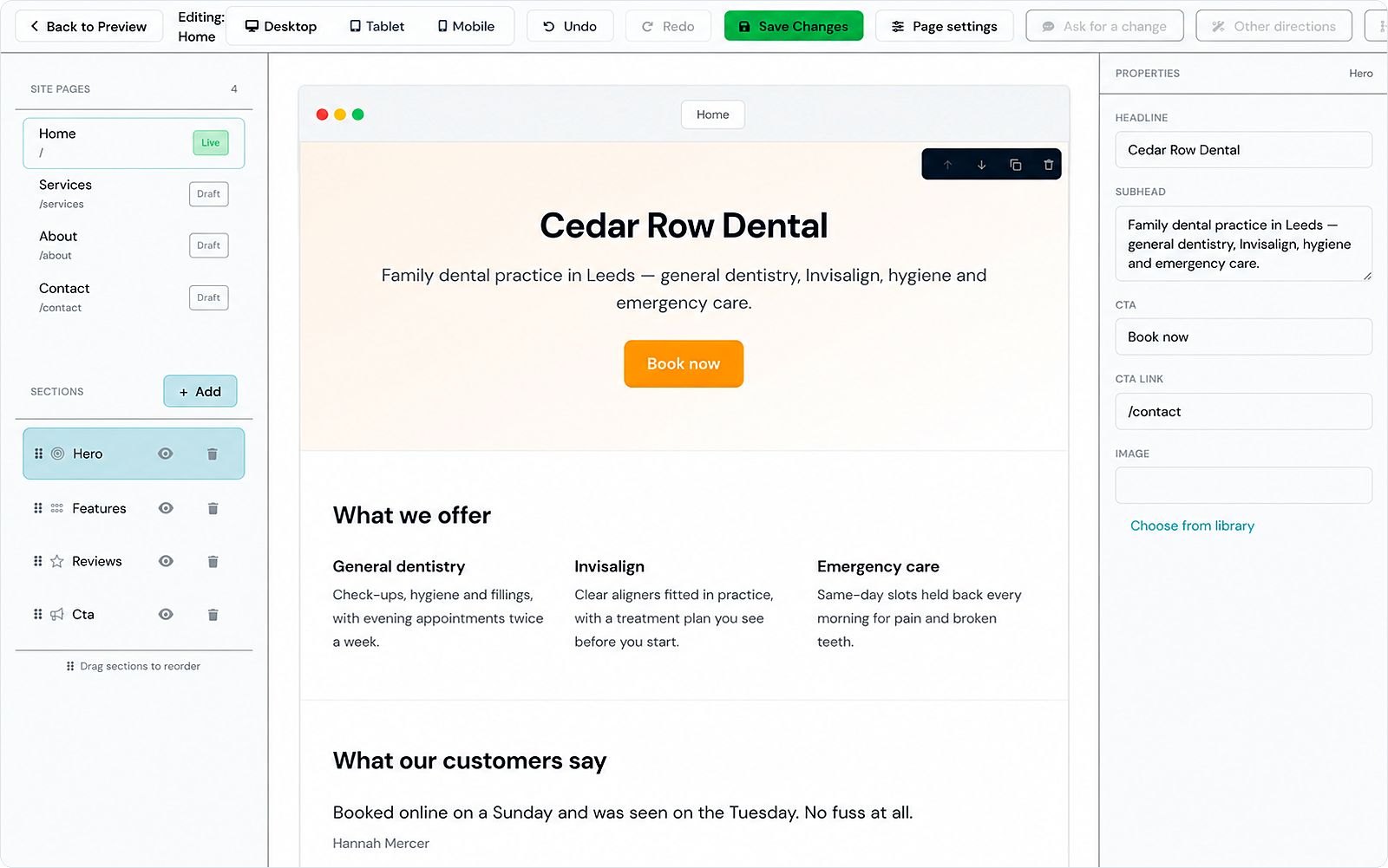 The website builder in Marketing Titan: the site&rsquo;s pages with live and draft status, the sections of the home page, a preview of a dental practice site, and the hero&rsquo;s headline, subhead and call to action being edited. Demo data.
